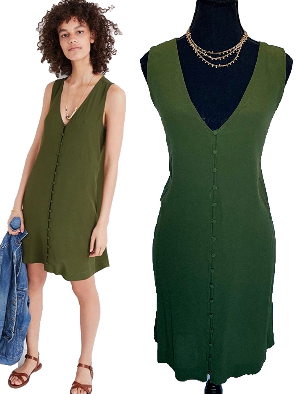 Madewell Green Button Front Heather Tank Dress Sleeveless Boho Resort Tunic Med